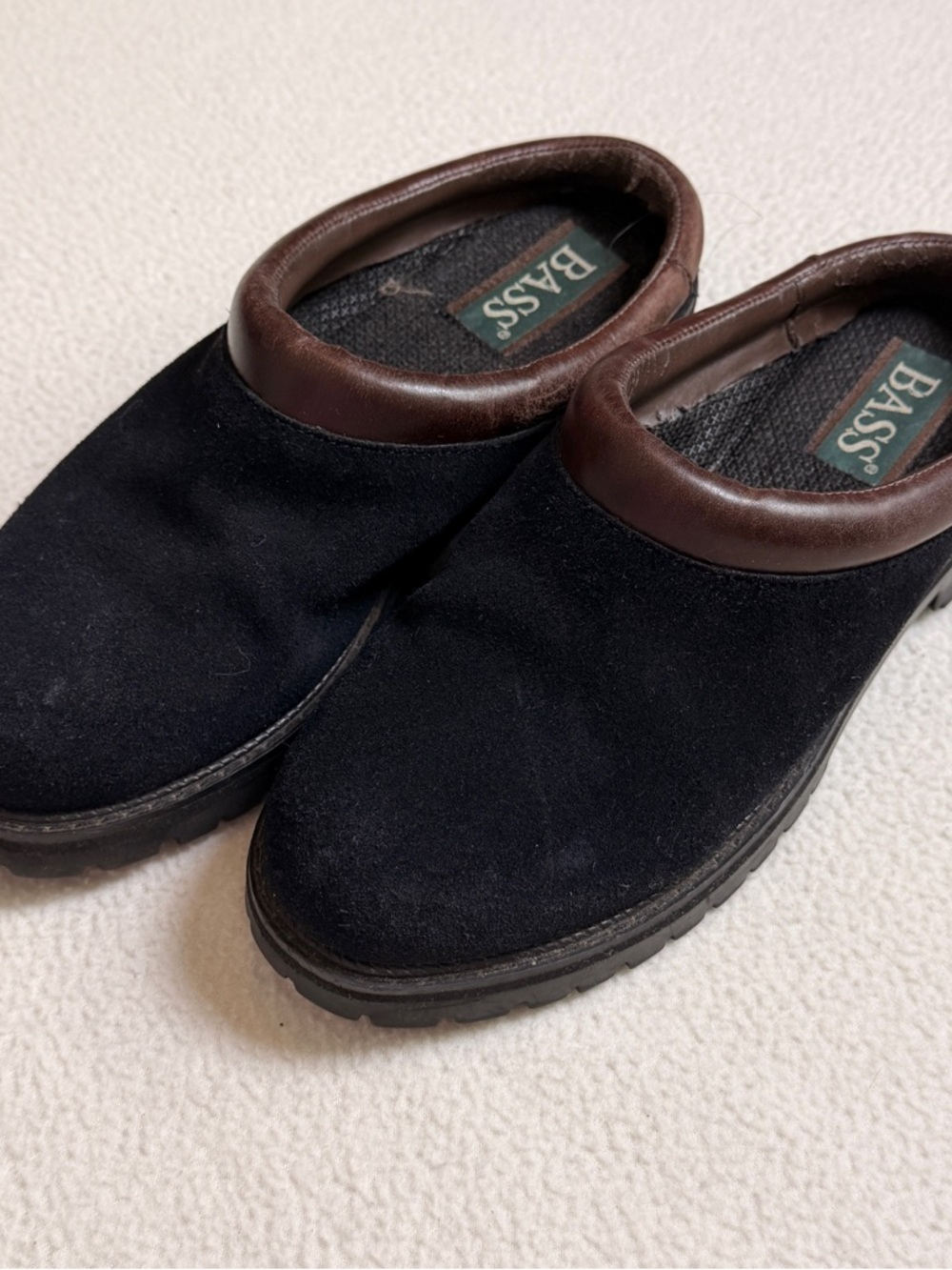 Bass Black Suede Slip-On Clogs with Brown Collar
